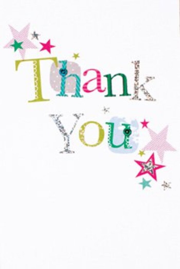 There's an understated exuberance to this thank you card, reminiscent of calm mornings wandering North Woolwich's green spaces. The carefully arranged letters each radiate unique emotion-some with lighthearted dots and animated curves, others with a graceful, almost melodic flow. The palette dances across fuchsia pink, lively greens, azure, and glistening silver, each stroke bringing vibrancy to the gentle message. Around the lettering, stars gather like a flurry of possibility-some striped with joyful coral pink, others gleaming turquoise or silver, as if bestowing an extra touch of cheer. The white, crisp background creates a sense of modern freshness, much like a floral arrangement placed on a sunlit North Woolwich windowsill. Neither too formal nor too relaxed, the design holds a universal warmth, making it an ideal partner to a bouquet chosen for any moment of thanks. The card would nestle perfectly alongside a delivery from North Woolwich Florist, offering lasting appreciation with a subtle, sophisticated flair-much like the blooms we send to friends and neighbours throughout the area.