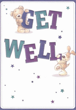 Brimming with North Woolwich character, this get well card offers immediate comfort and a playful sense of encouragement. The illustration, detailed but with a tender simplicity, shows a cuddly teddy bear perched atop the tall purple letters of 'GET', while a lively puppy nestles beside the robust teal 'WELL'. Both animals, rendered with tactile, fluffy textures and rounded, open faces, appear ready to share a gentle cuddle with anyone passing by the Thames Path or Albert Road. Shades of deep violet and teal in the vibrant lettering contrast crisply against a luminous white background, reminiscent of a sunlit morning at the local market. Across the card, scattered stars shimmer in blue and purple, lending a note of wonder-tiny nods to bright hopes on the horizon. Like assembling a thoughtful bouquet for delivery through North Woolwich Florist, there's a sense of intent and care in every brushstroke, every colour choice. The card's overall effect is soothing yet uplifting: a small, artful celebration designed to cheer those healing or feeling unwell in North Woolwich's close-knit community.